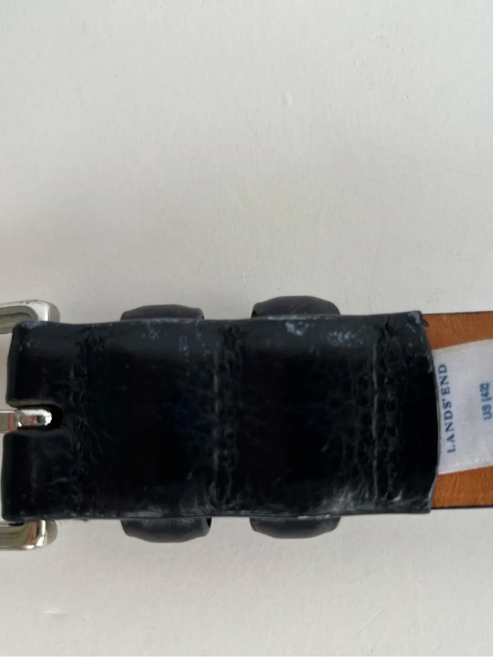 Lands End Classic Black Leather Belt with Soild Brass Buckle- Size 42